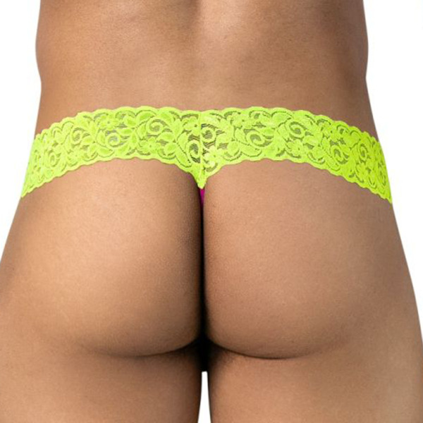 CandyMan Mesh Lace Thong - Pink - Neon Yellow