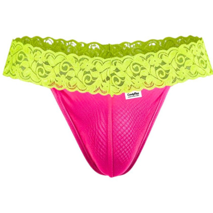CandyMan Mesh Lace Thong - Pink - Neon Yellow