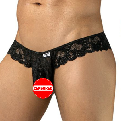 CandyMan Stretch Floral Lace Thong - Black