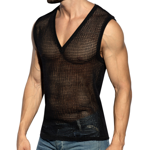 ES Collection Open-Grid V-Neck Top - Black