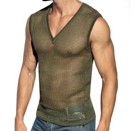ES Collection Open-Grid V-Neck Top - Khaki