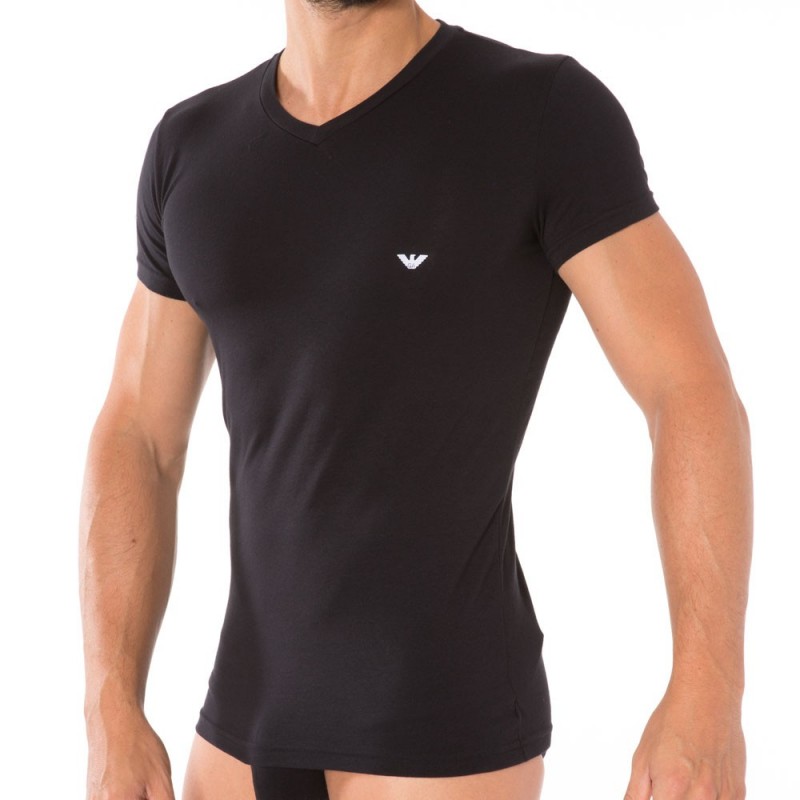 Emporio Armani V-Neck Stretch Cotton T-Shirt - Black | INDERWEAR