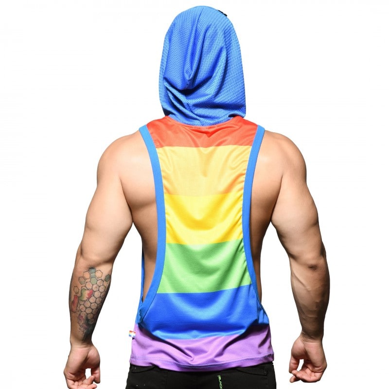 Andrew Christian Ultra Pride Laurel Mesh Gym Hoodie - Rainbow Stripe